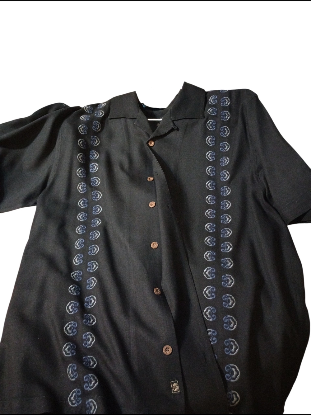 Tommy Bahama Black Short-Sleeve Button-Down Shirt with Blue Embroidered Panels